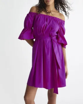 Abito corto color ciclamino in misto cotone off shoulder e cintura in vita Linea Mare