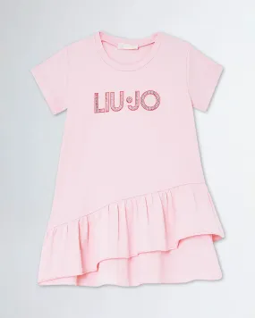 Abito rosa in jersey di cotone stretch a maniche corte con logo strass e balze 3-7 anni
