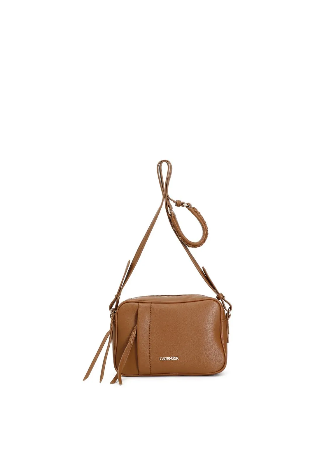 camera bag con tasca e zip, spallaccio con infilatura cuoio