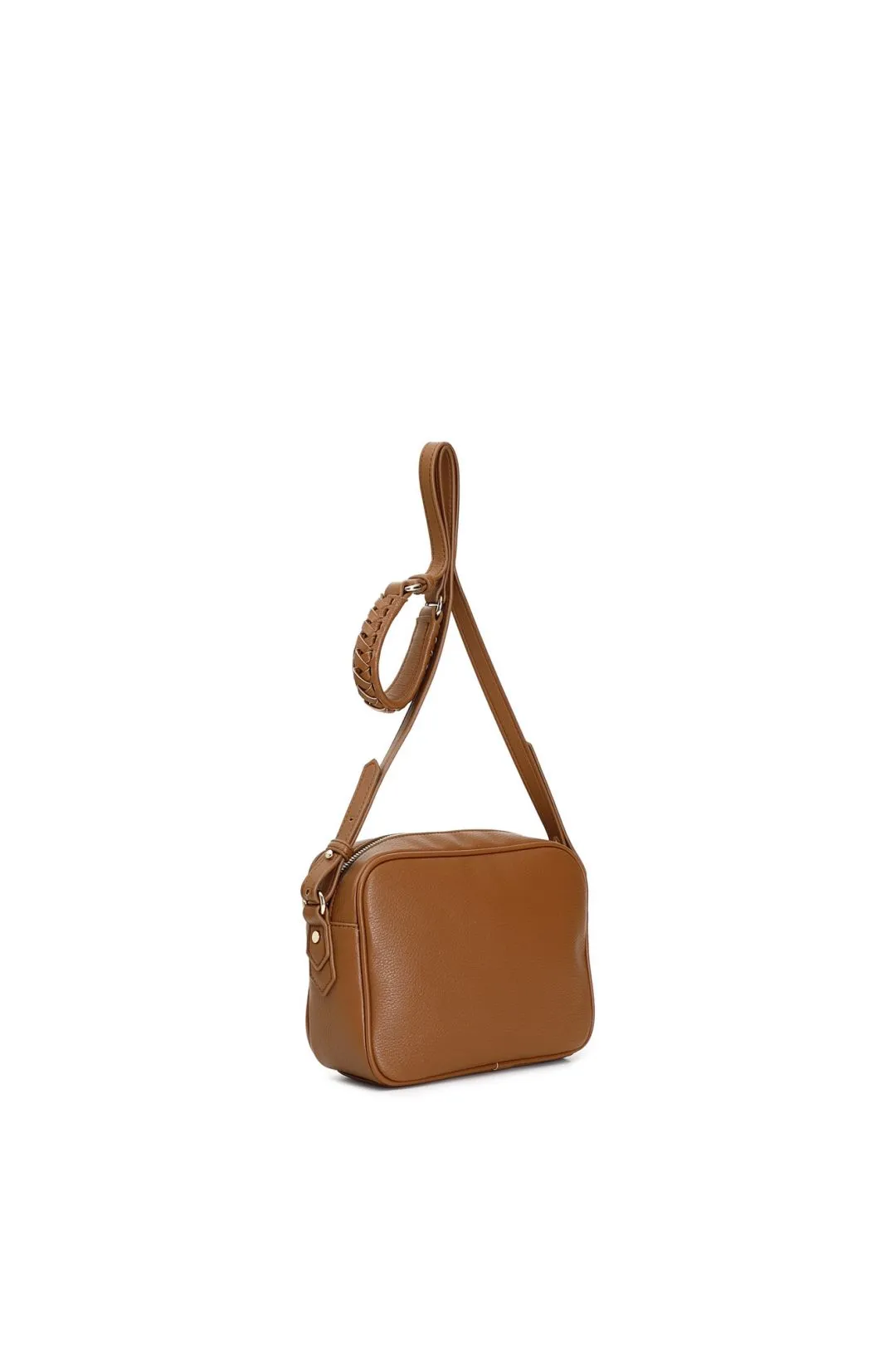 camera bag con tasca e zip, spallaccio con infilatura cuoio