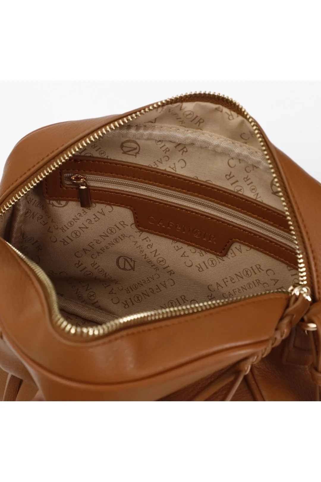 camera bag con tasca e zip, spallaccio con infilatura cuoio