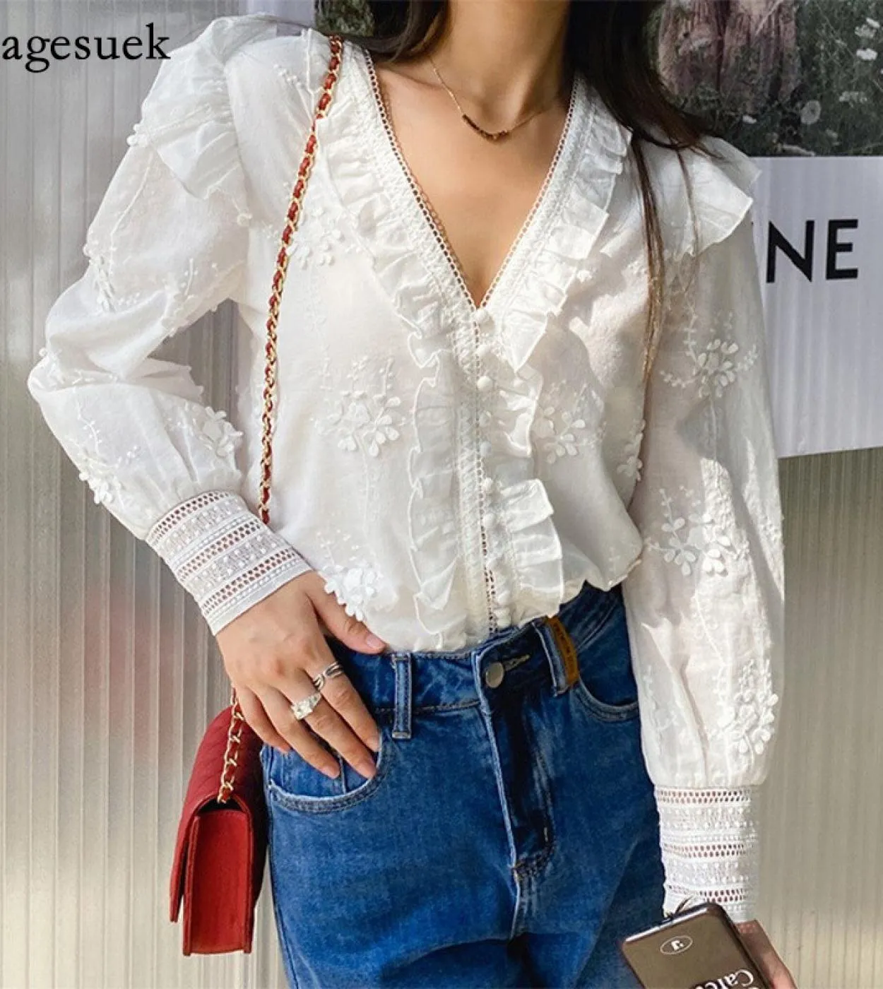 Camicetta a maniche lunghe da donna di nuova moda Camicie a balze ricamate con scollo a V stile francese Camicie da donna elegan