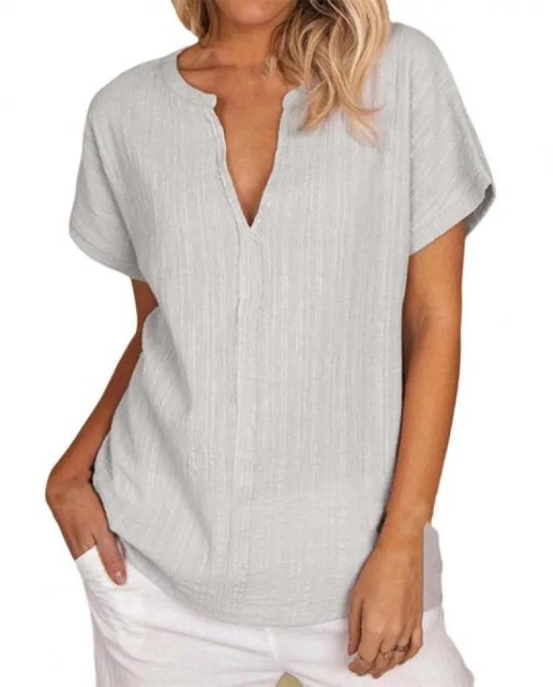 Camicetta da donna in lino di cotone con scollo a V Camicia estiva sottile aderente tinta unita Camicetta pullover a maniche cor