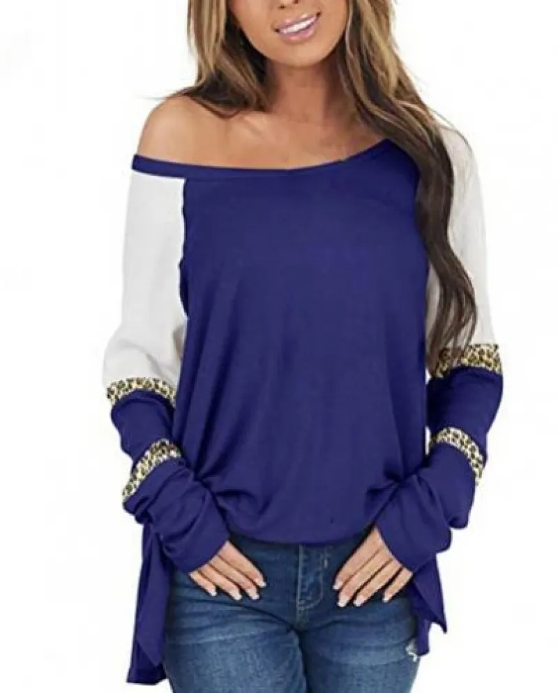 Camicetta da donna Leopard Patchwork con spalle scoperte Camicie autunnali Contrast Co