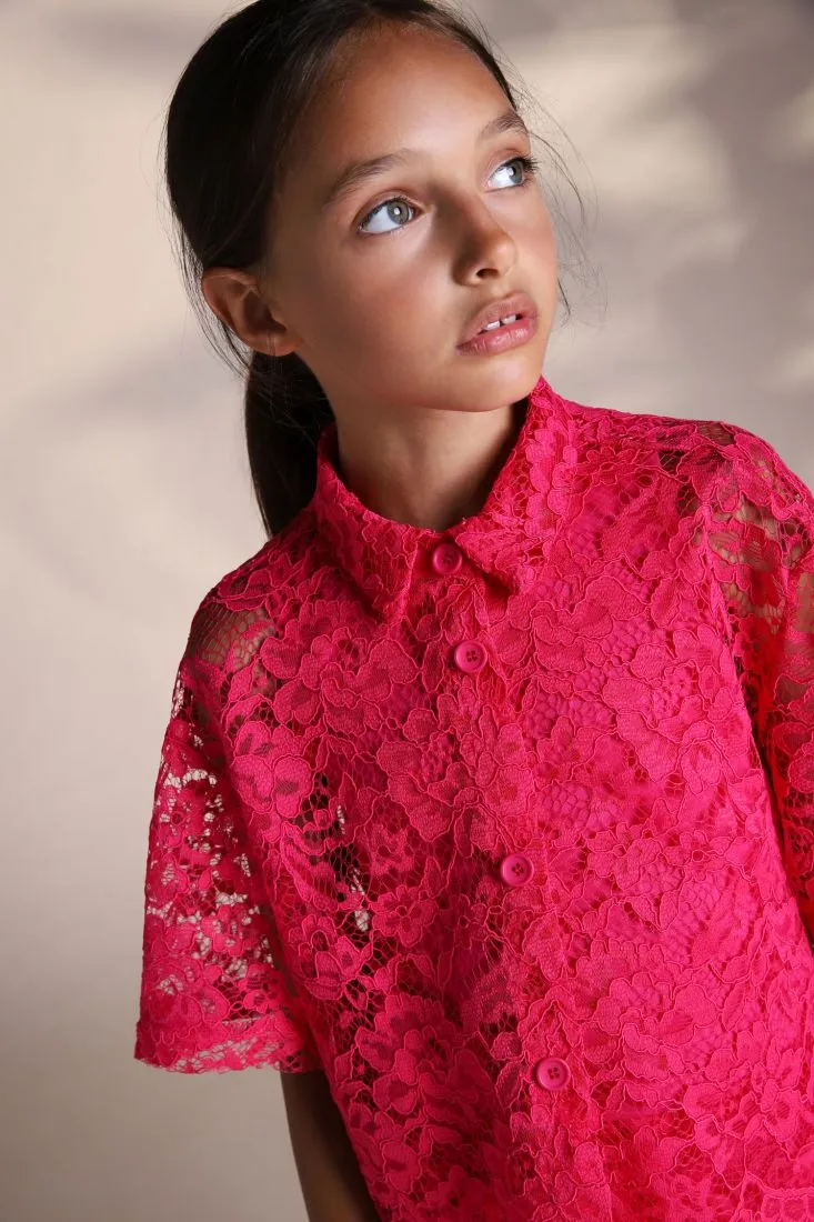 Camicia bambina monocolour effetto pizzo