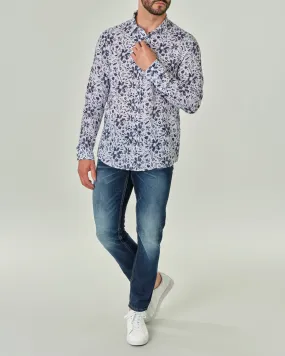 Camicia bianca in puro lino con stampa floreale blu