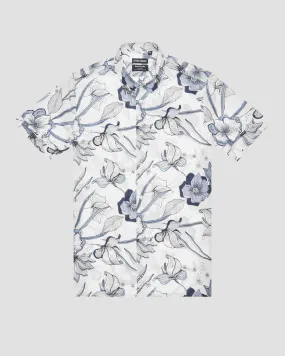 Camicia bianca mezza manica in misto viscosa e cotone con stampa floreale straight-fit