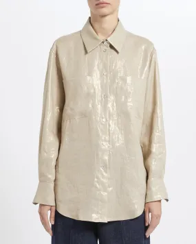Camicia color sabbia in lino effetto laminato dalla linea over