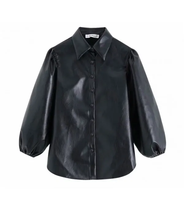 Camicia ecopelle maniche a sbuffo