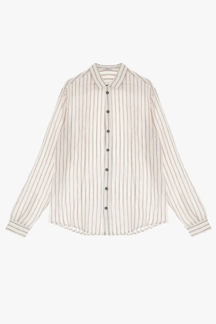 Camicia fantasia rigata in lino con bottoni a contrasto