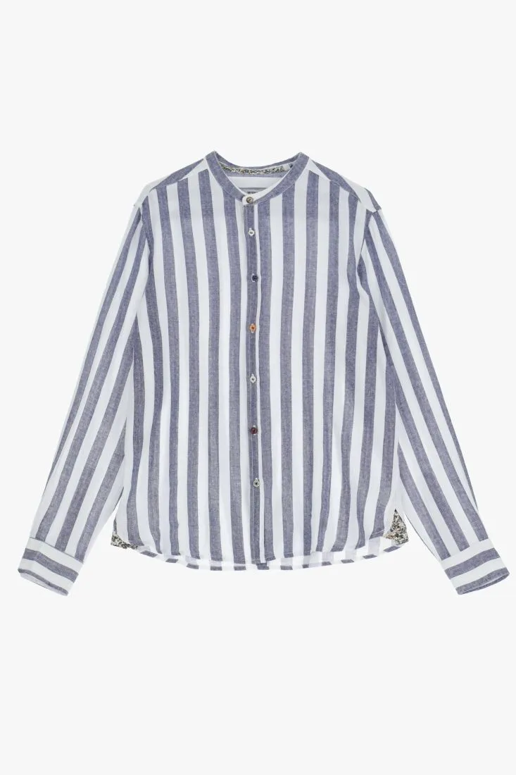Camicia fantasia rigata in lino con bottoni colorati