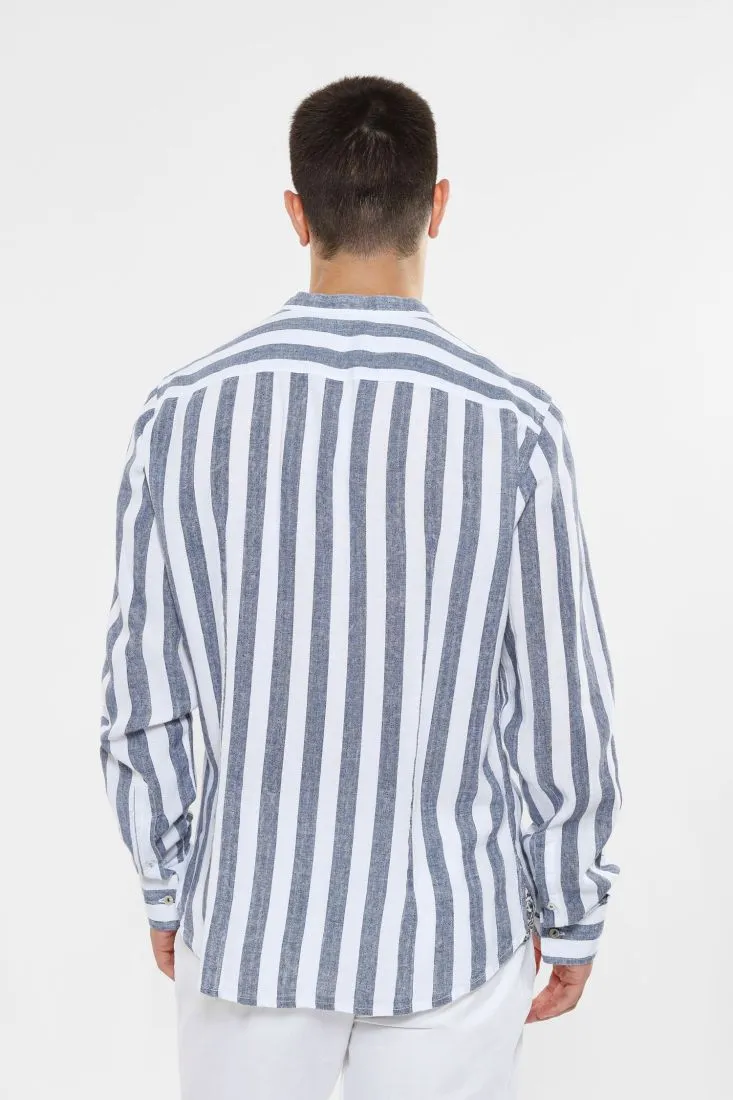 Camicia fantasia rigata in lino con bottoni colorati