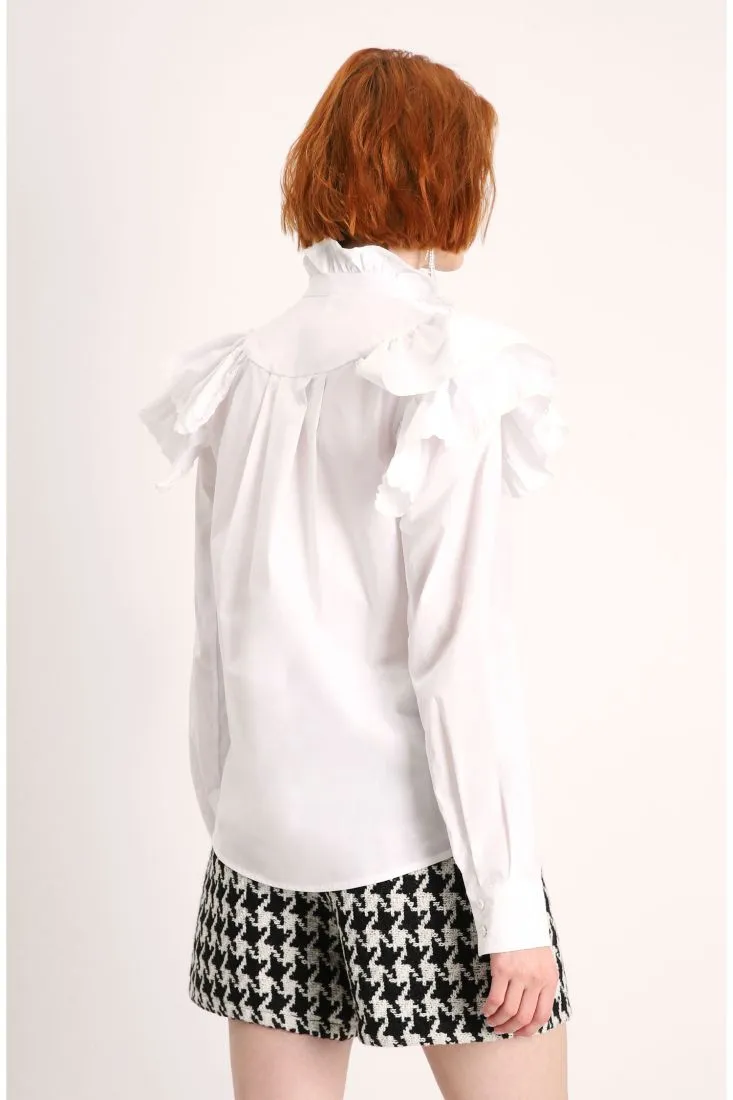 Camicia in cotone a collo alto con ruches