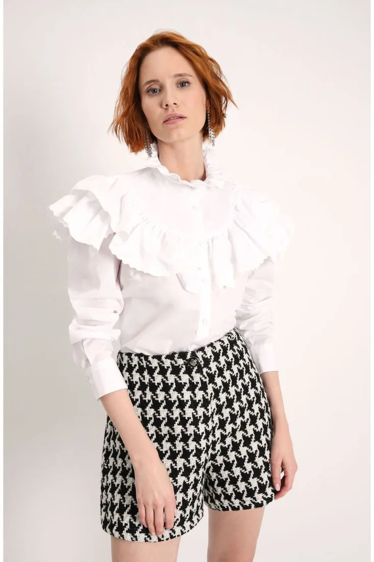 Camicia in cotone a collo alto con ruches