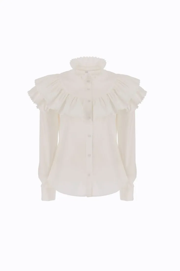 Camicia in cotone a collo alto con ruches