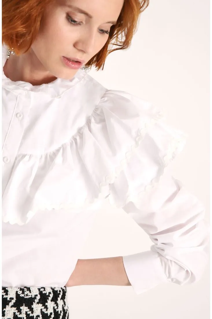 Camicia in cotone a collo alto con ruches