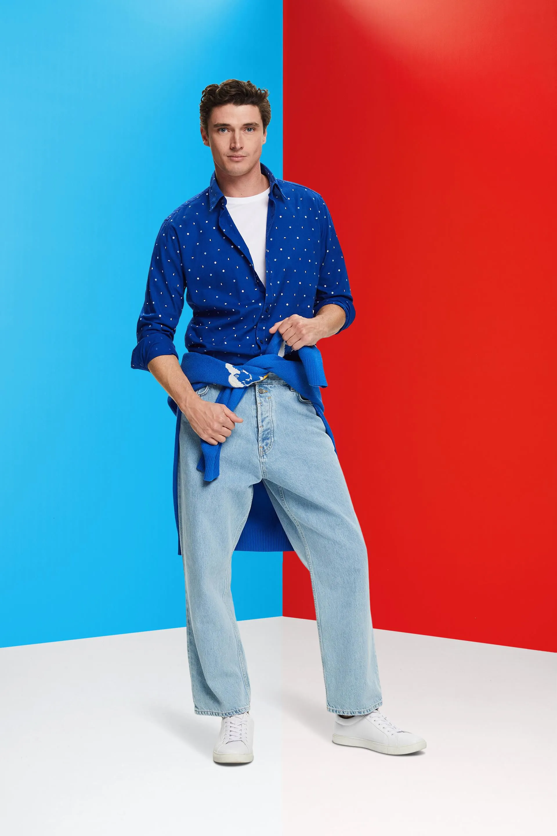 Camicia in cotone fiammato con motivo a pois a forma di luna