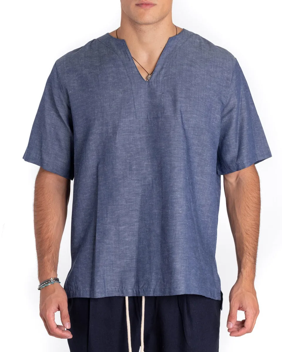 Camicia Uomo Casacca Manica Corta Scollo V Lino Casual Tinta Unita Denim Blu GIOSAL-CC1150A