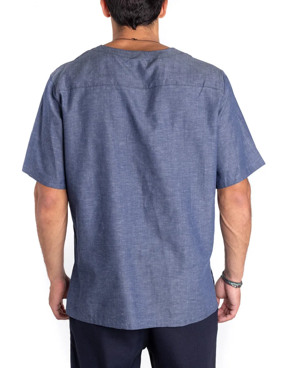 Camicia Uomo Casacca Manica Corta Scollo V Lino Casual Tinta Unita Denim Blu GIOSAL-CC1150A
