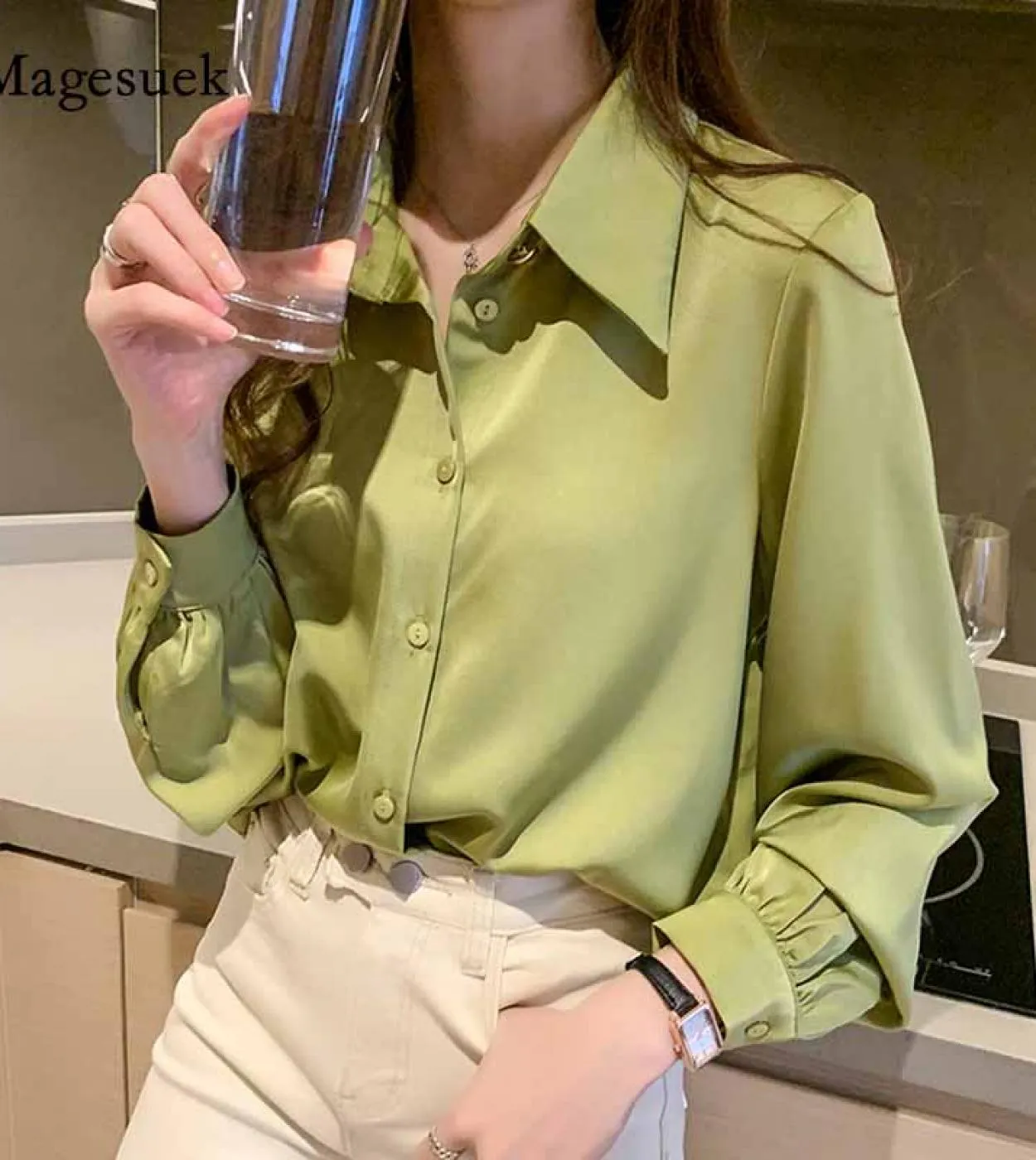 Camicie a maniche lunghe autunno moda Colletto polo Camicie donna ufficio Camicie larghe Camicia donna Top e camicette Blusas 10