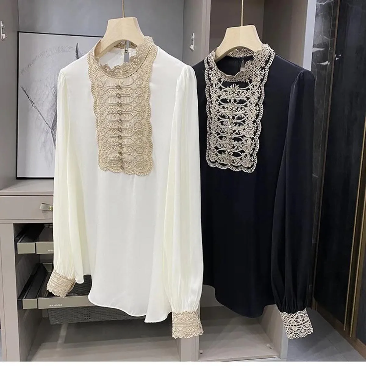 Camicie Camicetta di seta con perline ricamate Donna Camisas De Mujer Top