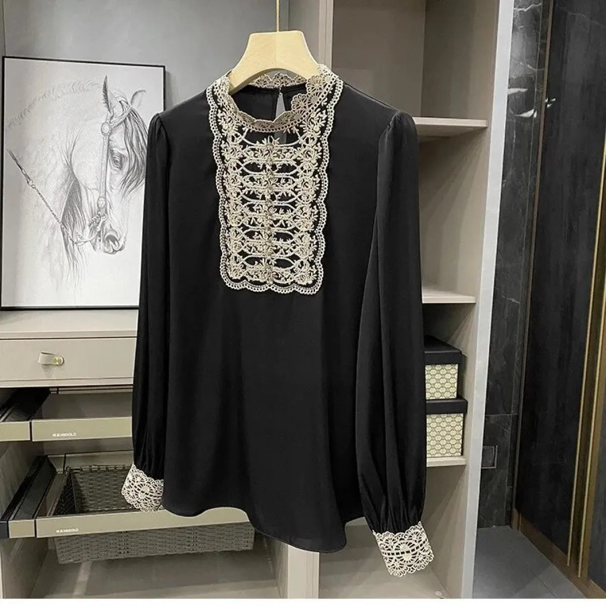 Camicie Camicetta di seta con perline ricamate Donna Camisas De Mujer Top