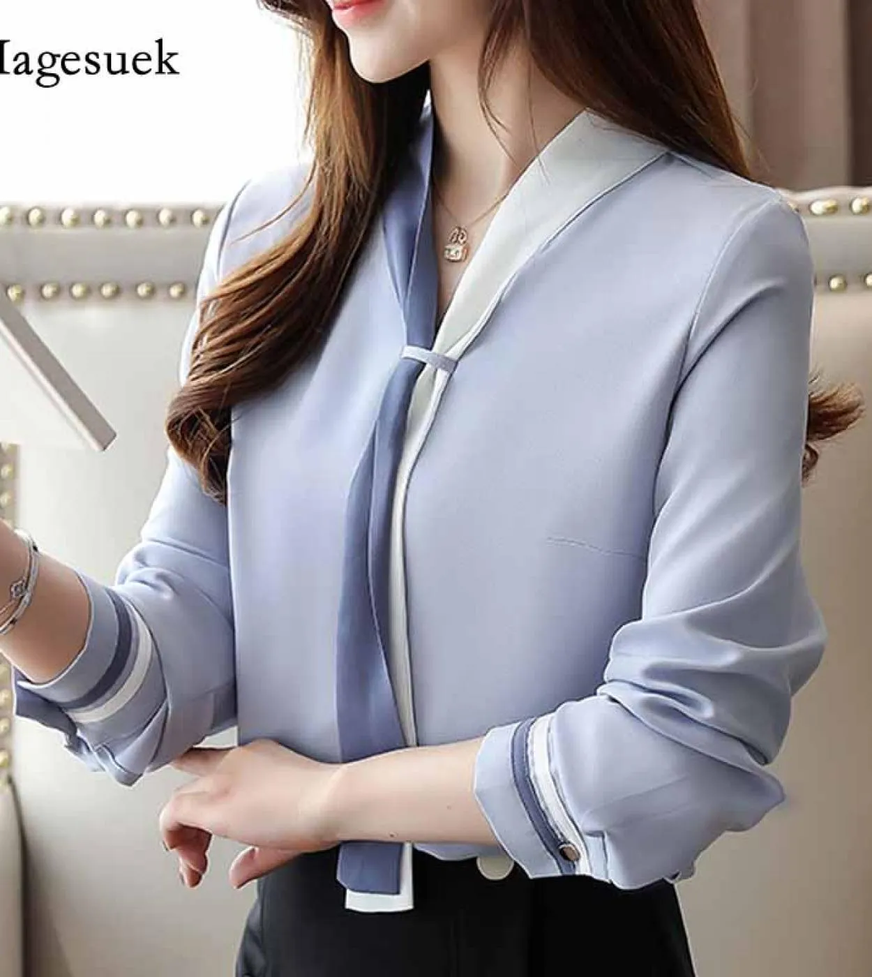 Camicie da donna allentate solide Camicie con scollo a V Camicette in chiffon a maniche lunghe vintage autunno Abbigliamento ele