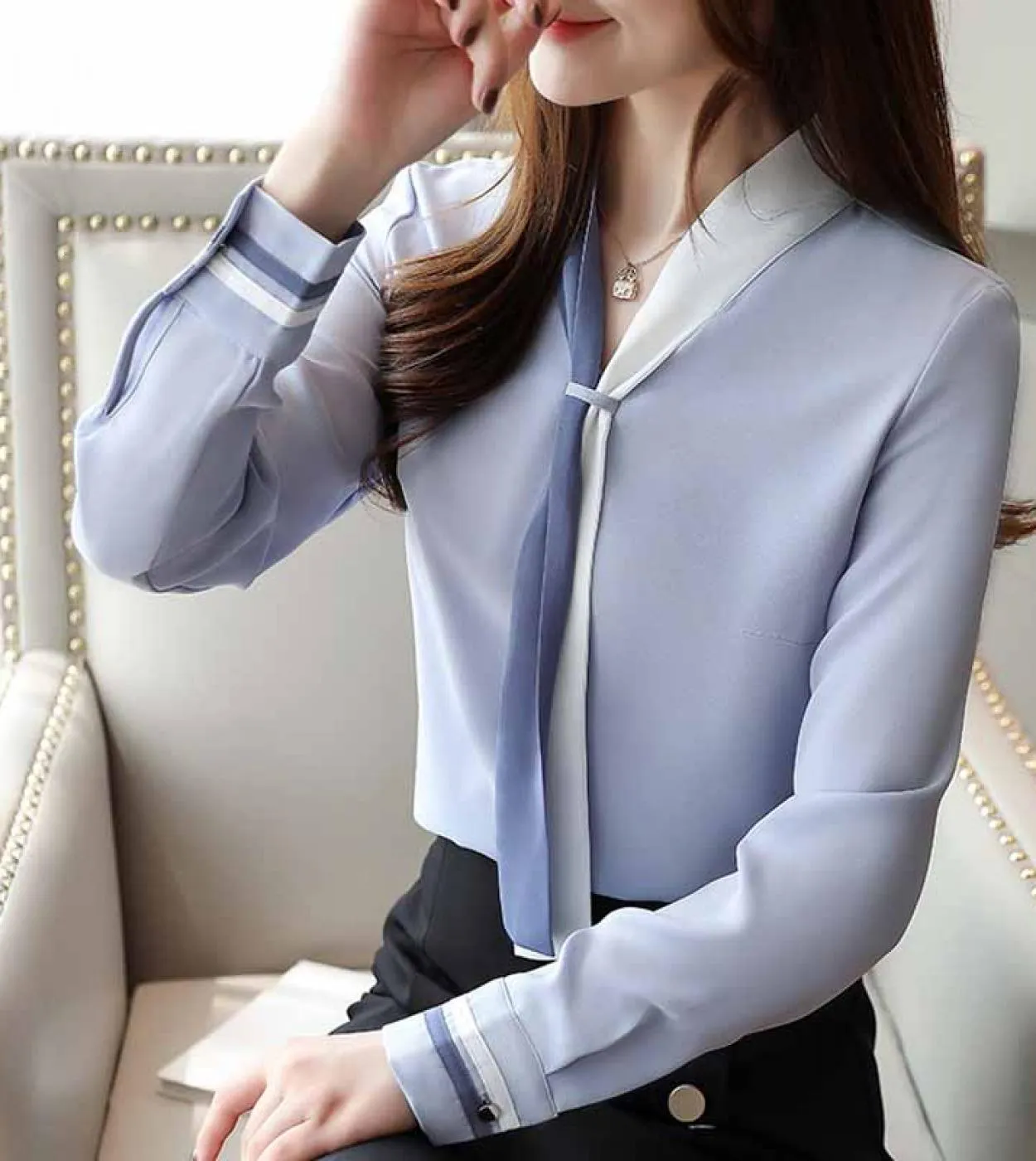 Camicie da donna allentate solide Camicie con scollo a V Camicette in chiffon a maniche lunghe vintage autunno Abbigliamento ele