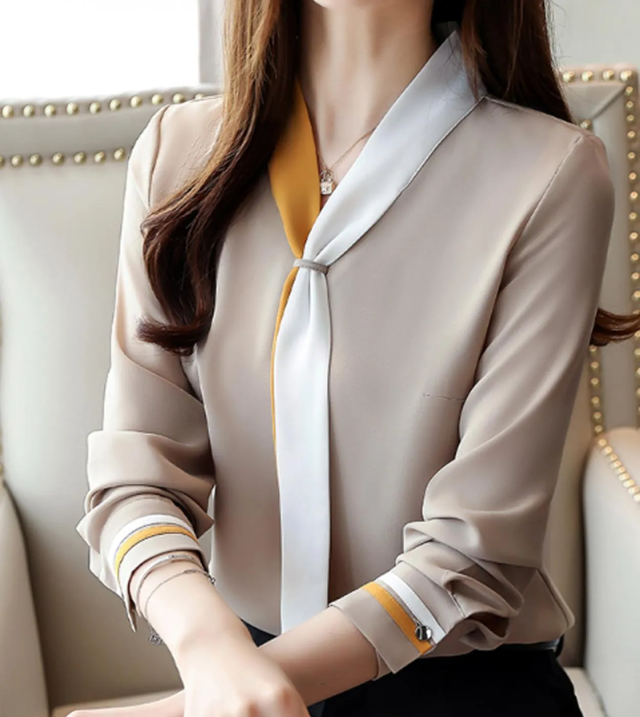 Camicie da donna allentate solide Camicie con scollo a V Camicette in chiffon a maniche lunghe vintage autunno Abbigliamento ele