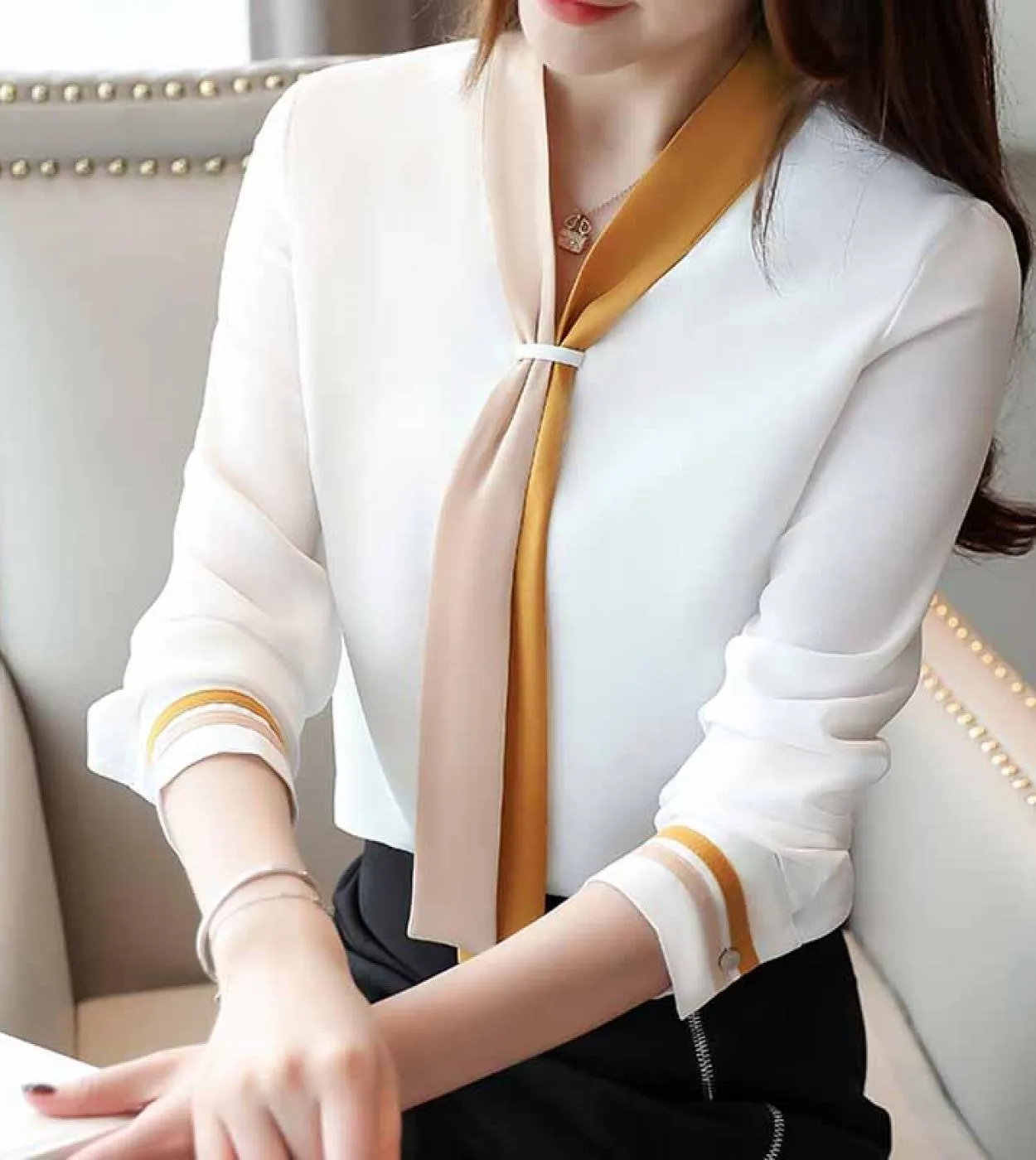 Camicie da donna allentate solide Camicie con scollo a V Camicette in chiffon a maniche lunghe vintage autunno Abbigliamento ele