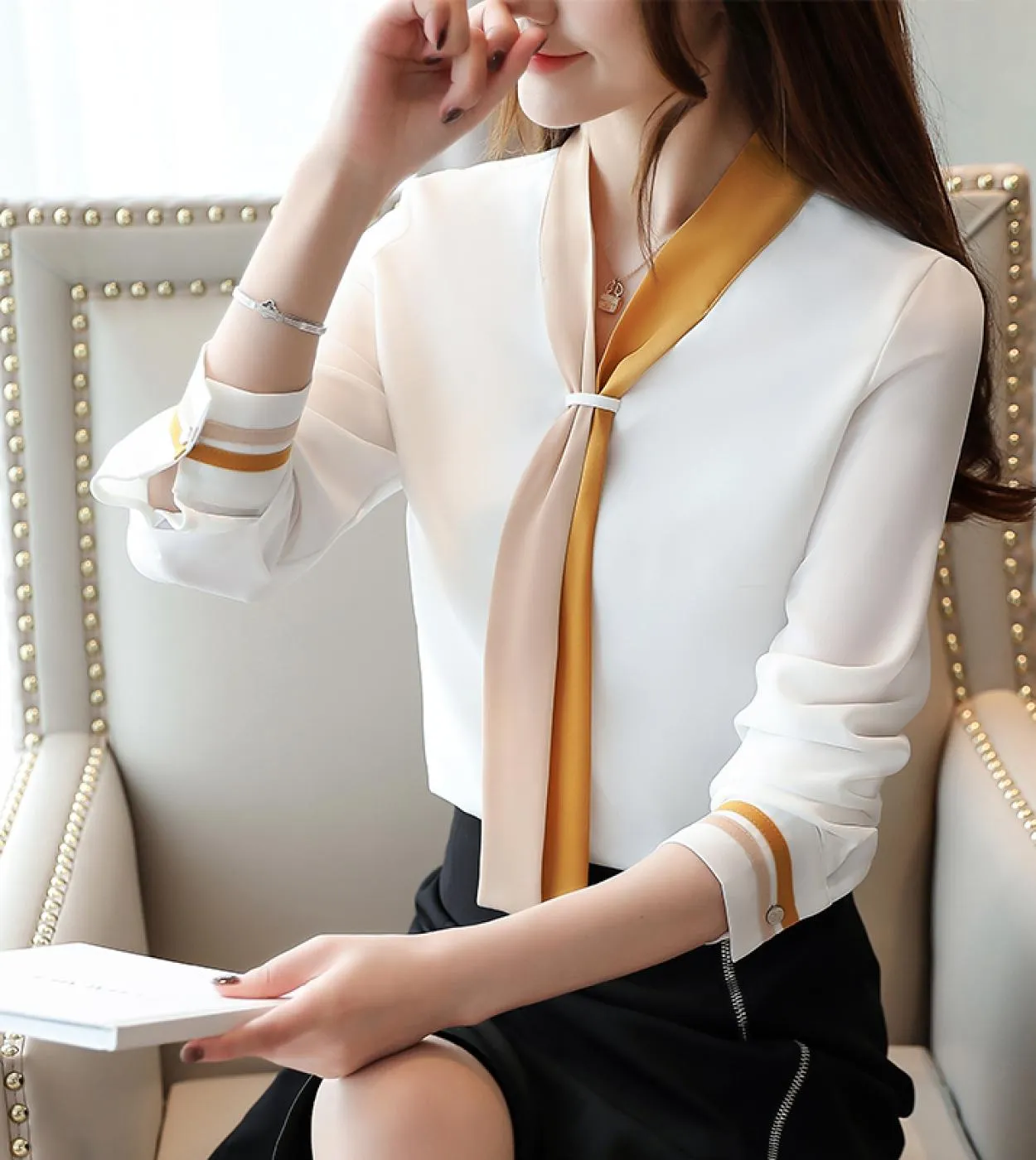 Camicie da donna allentate solide Camicie con scollo a V Camicette in chiffon a maniche lunghe vintage autunno Abbigliamento ele