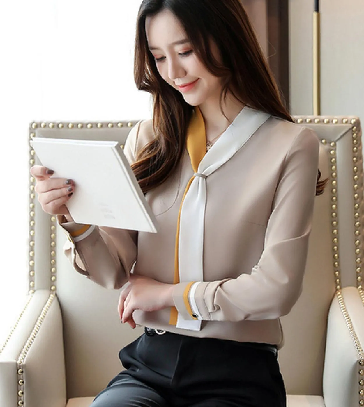 Camicie da donna allentate solide Camicie con scollo a V Camicette in chiffon a maniche lunghe vintage autunno Abbigliamento ele