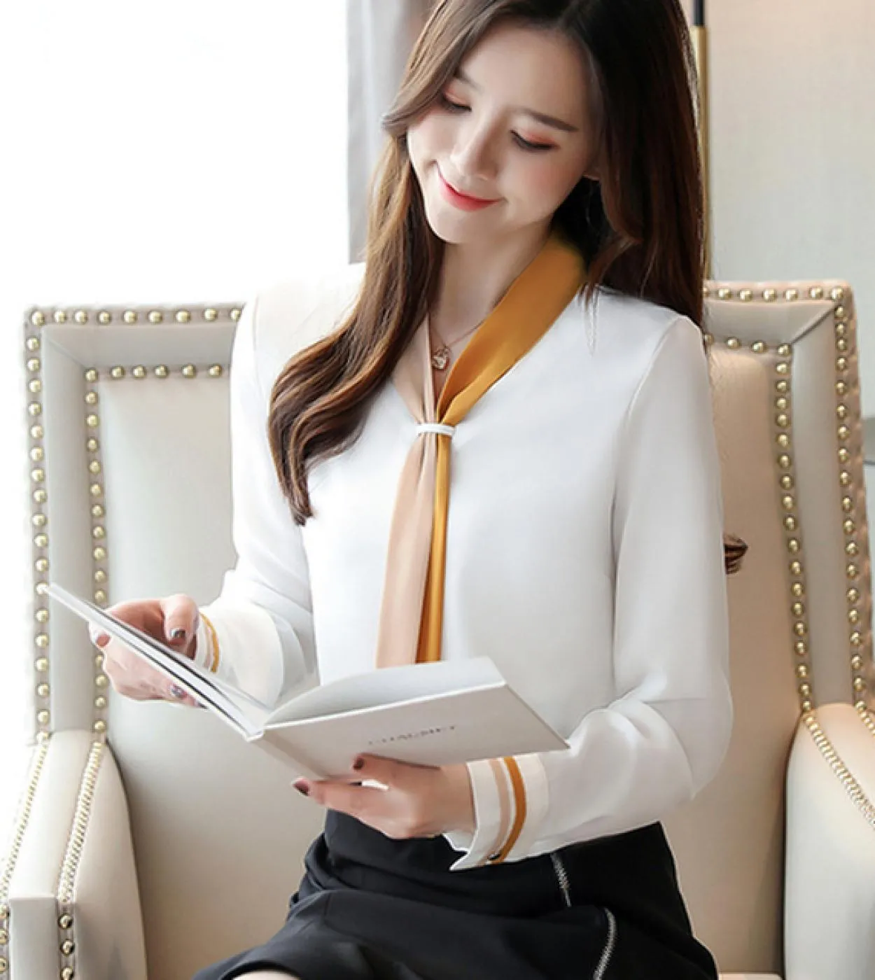 Camicie da donna allentate solide Camicie con scollo a V Camicette in chiffon a maniche lunghe vintage autunno Abbigliamento ele