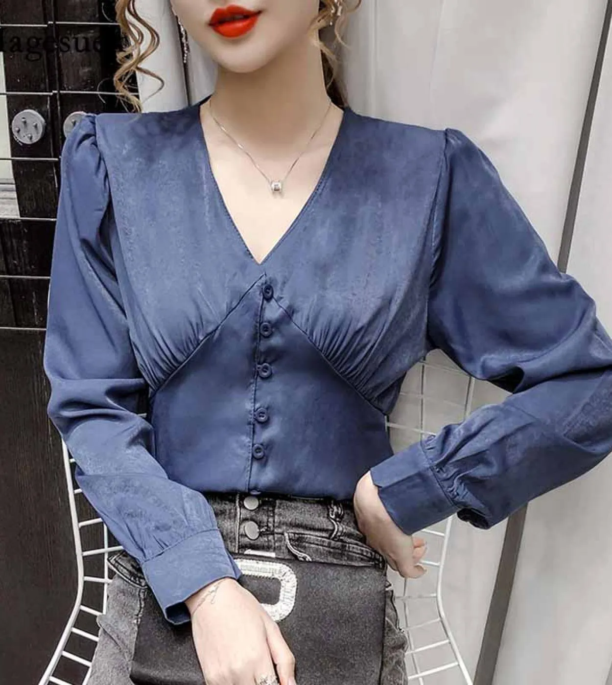 Camicie da donna in vita primaverile con bottoni Corsetto di giunzione Camicie solide sottili Camicetta in raso a maniche lunghe