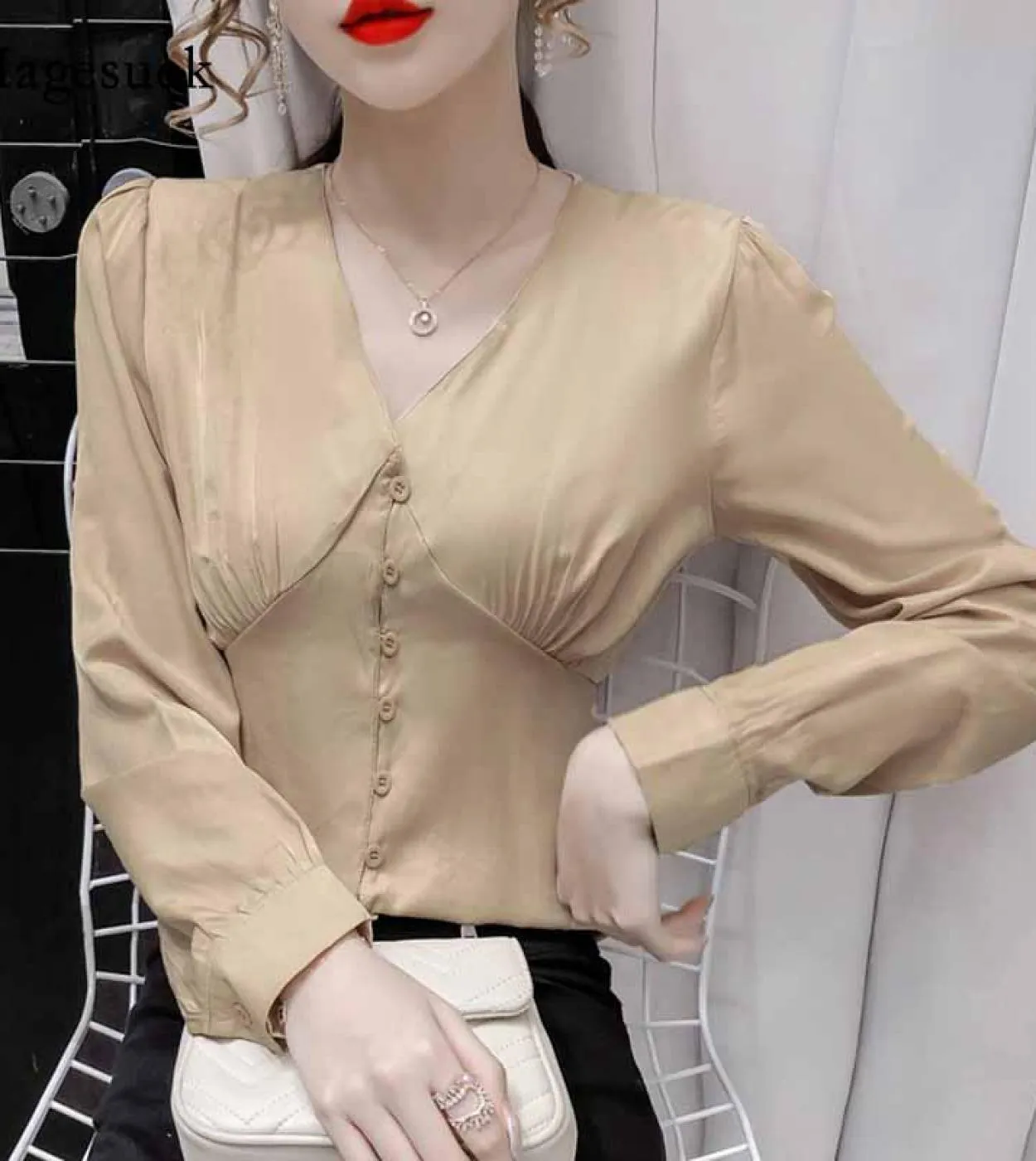 Camicie da donna in vita primaverile con bottoni Corsetto di giunzione Camicie solide sottili Camicetta in raso a maniche lunghe