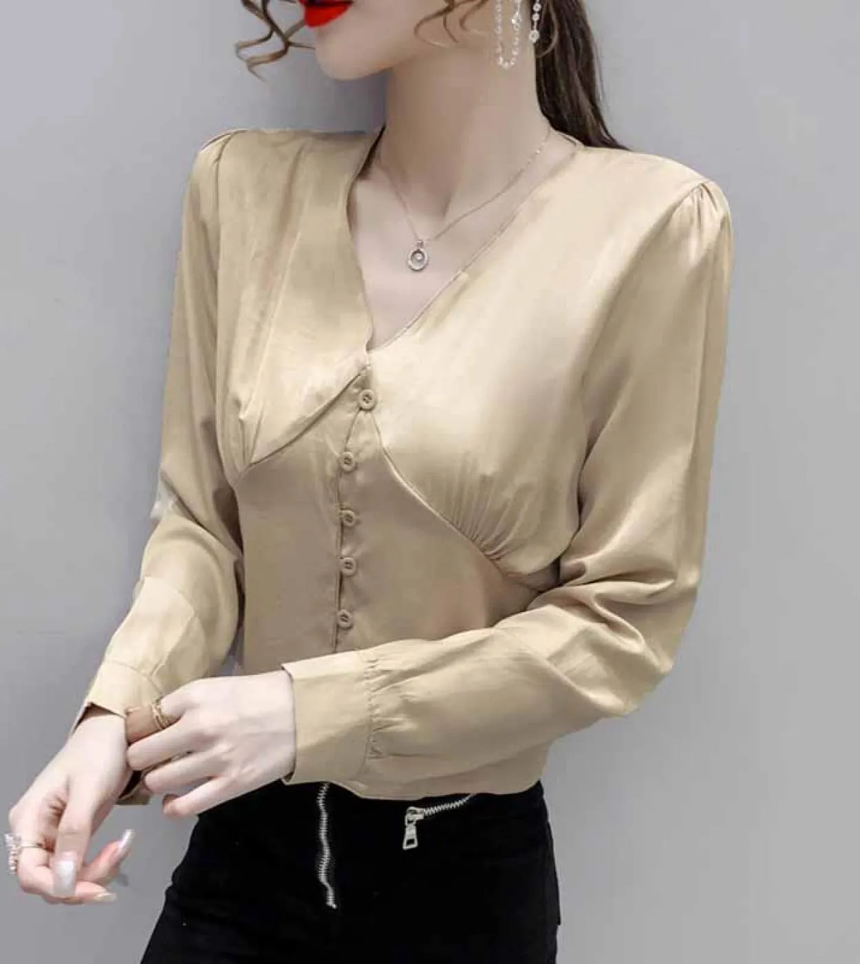 Camicie da donna in vita primaverile con bottoni Corsetto di giunzione Camicie solide sottili Camicetta in raso a maniche lunghe