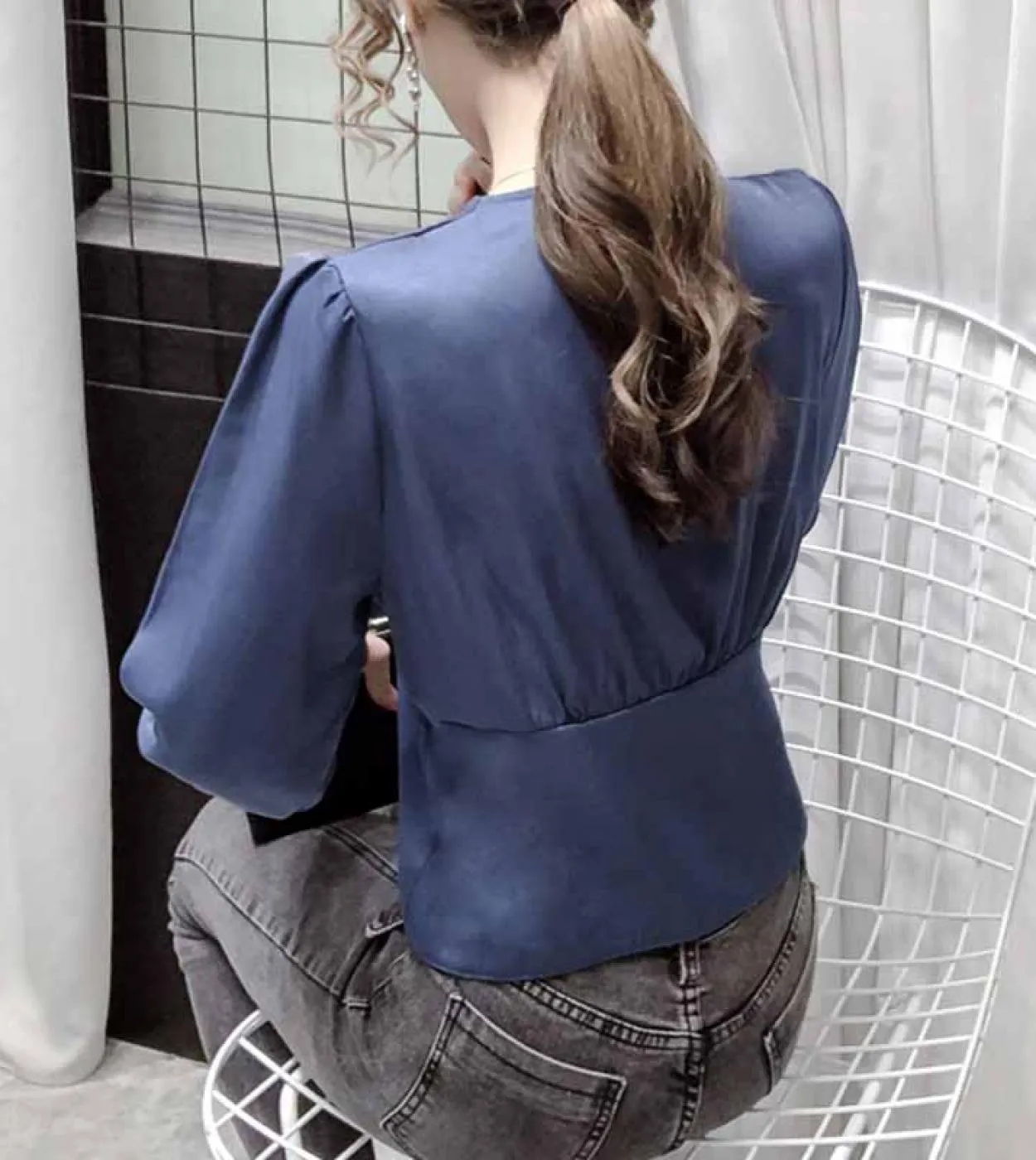 Camicie da donna in vita primaverile con bottoni Corsetto di giunzione Camicie solide sottili Camicetta in raso a maniche lunghe