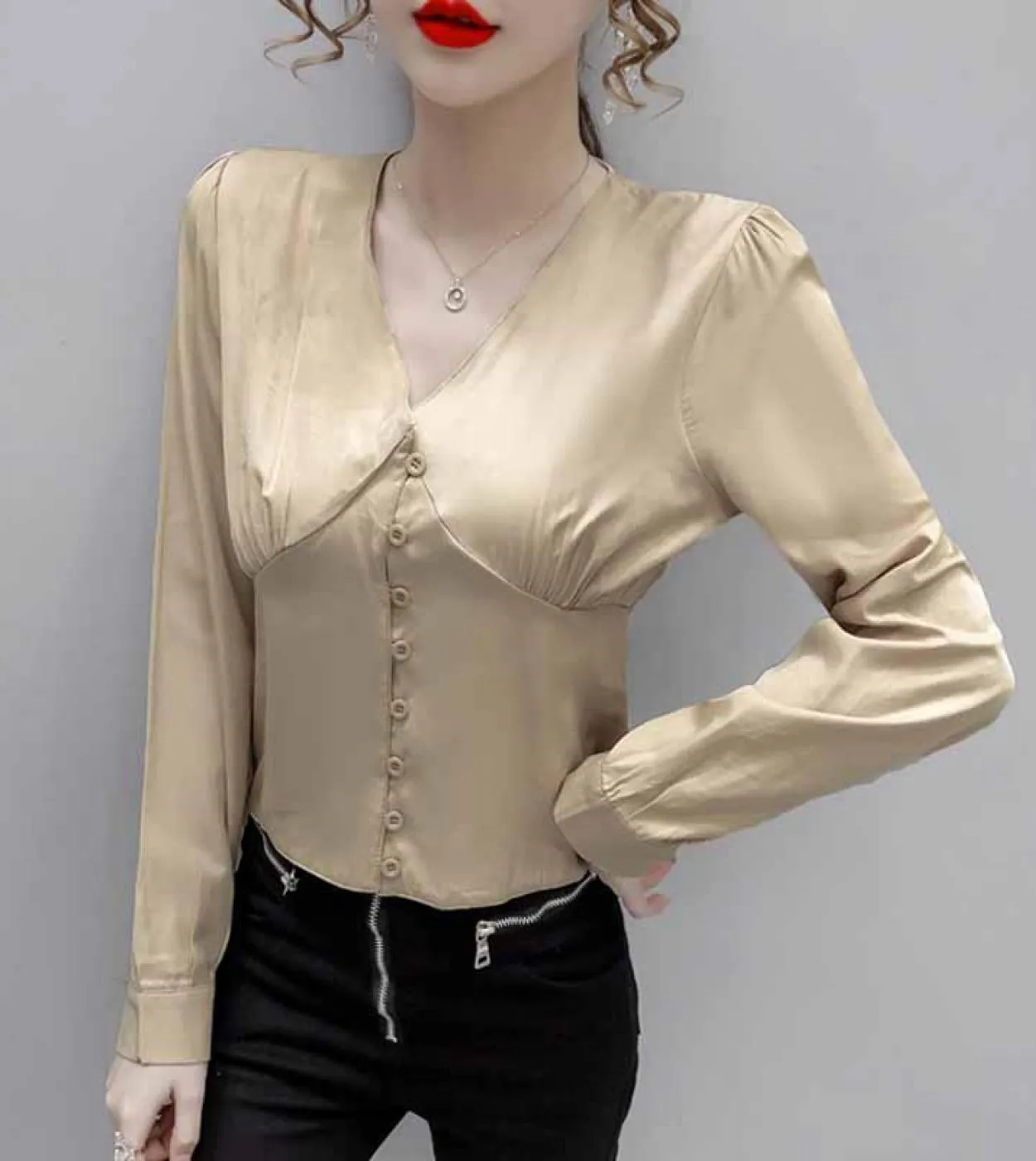 Camicie da donna in vita primaverile con bottoni Corsetto di giunzione Camicie solide sottili Camicetta in raso a maniche lunghe