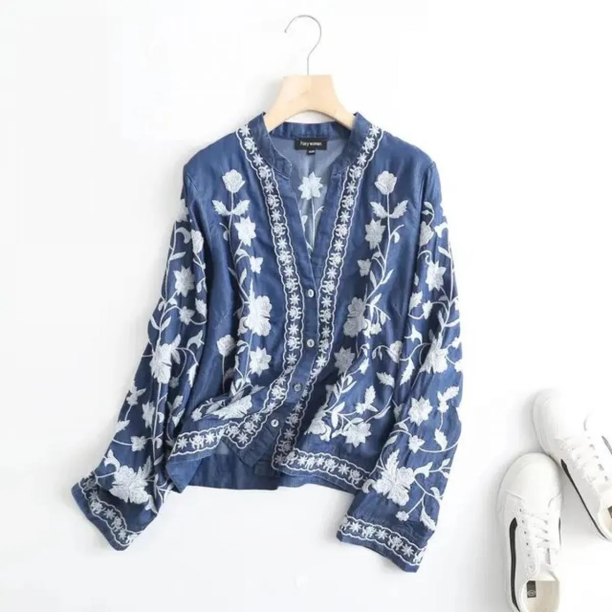 Camisas Camicie cardigan da donna Nuove magliette ricamate Streetwear Camicie vintage Camicie in cotone sciolto Mujer Camicie co