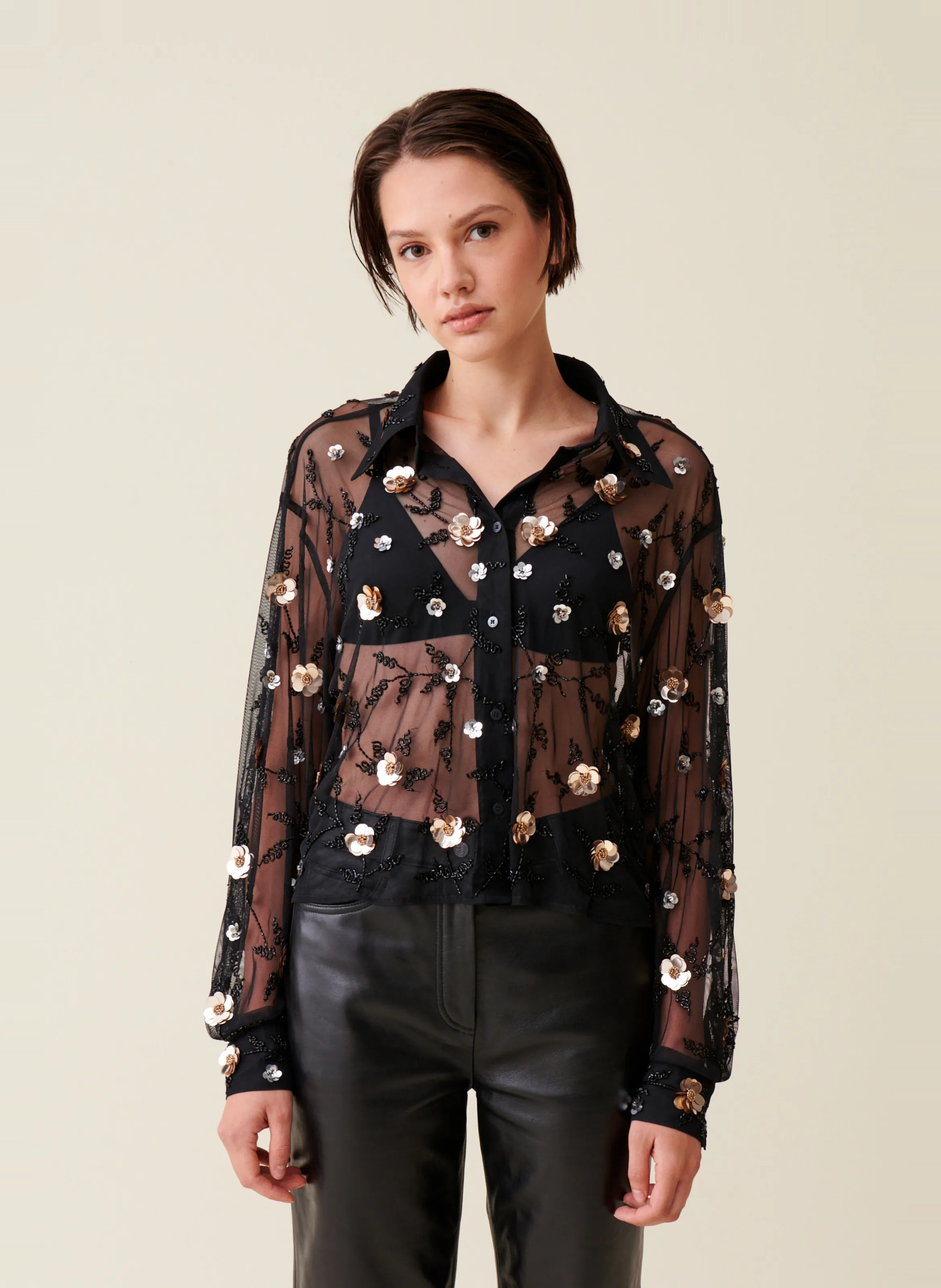  CLAUDIE PIERLOT   Camicia diritta trasparente ricamata | Nero
