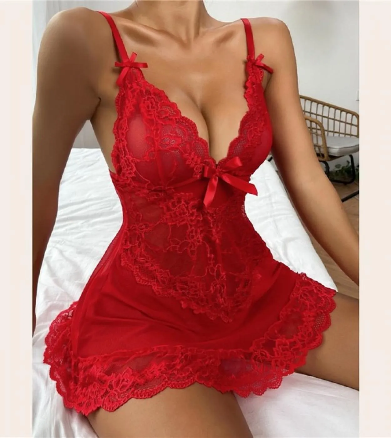 Donna Pizzo Seta Donna Indumenti da notte esotici Abito da notte in raso Camicie da notte Camicie da notte con scollo a V Maglia