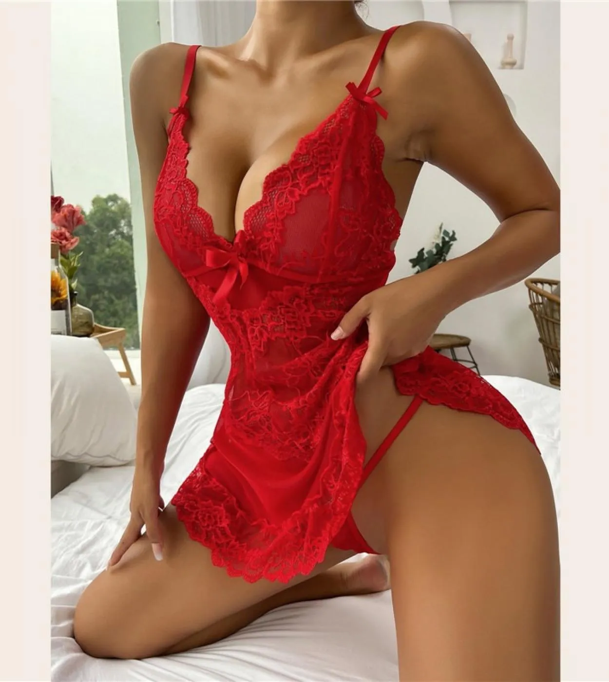 Donna Pizzo Seta Donna Indumenti da notte esotici Abito da notte in raso Camicie da notte Camicie da notte con scollo a V Maglia