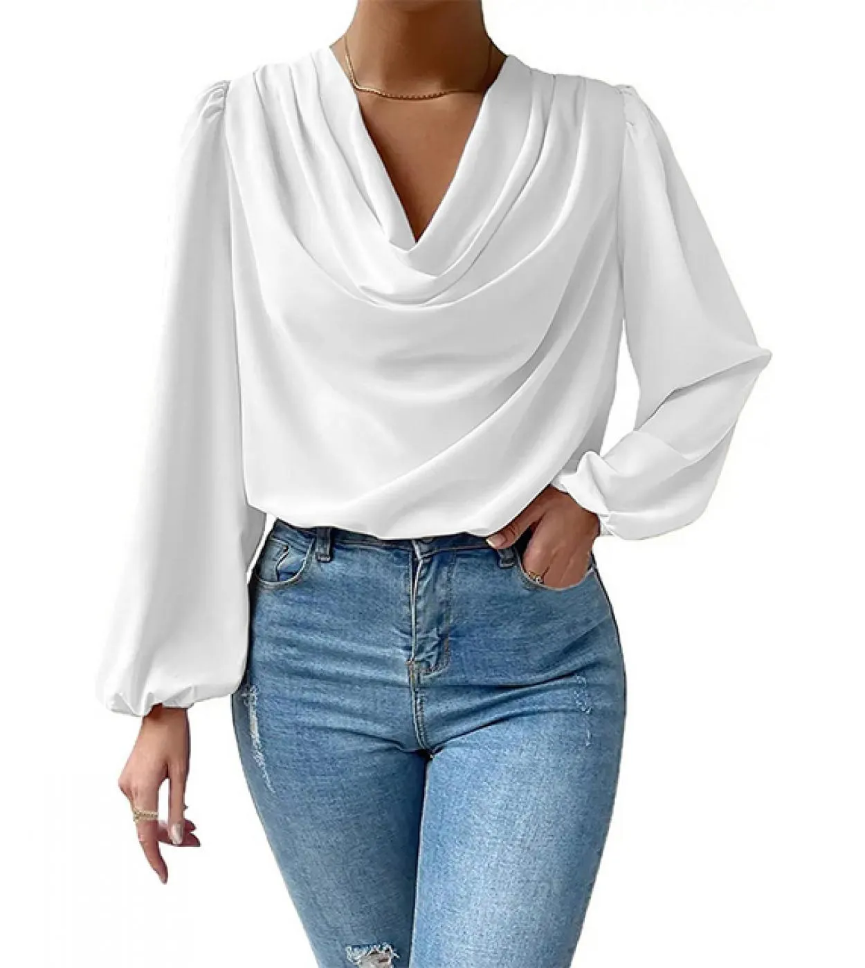 Elegante camicetta plissettata da donna Colletto in pile alla moda Camicie in chiffon a maniche lunghe Camicie casual da donna d