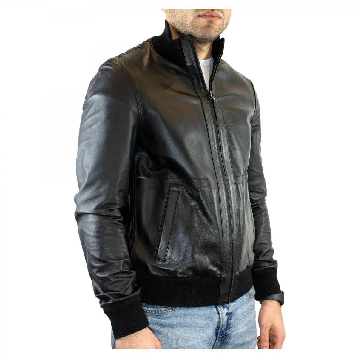 Giacca reversibile da uomo fatta a mano in pelle di renna e di agnello nera
