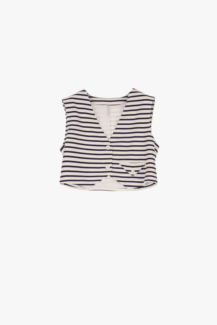 Gilet cropped a righe con tasca a filetto con pattina