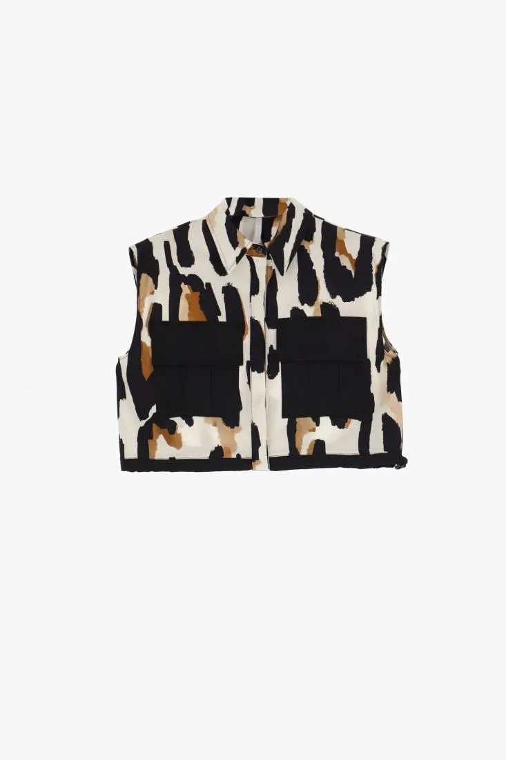 Gilet cropped fantasia astratta con tasche applicate