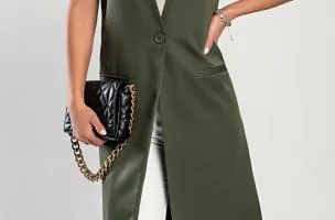 Gilet lungo elegante con bottone, verde oliva