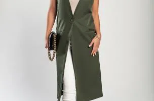 Gilet lungo elegante con bottone, verde oliva