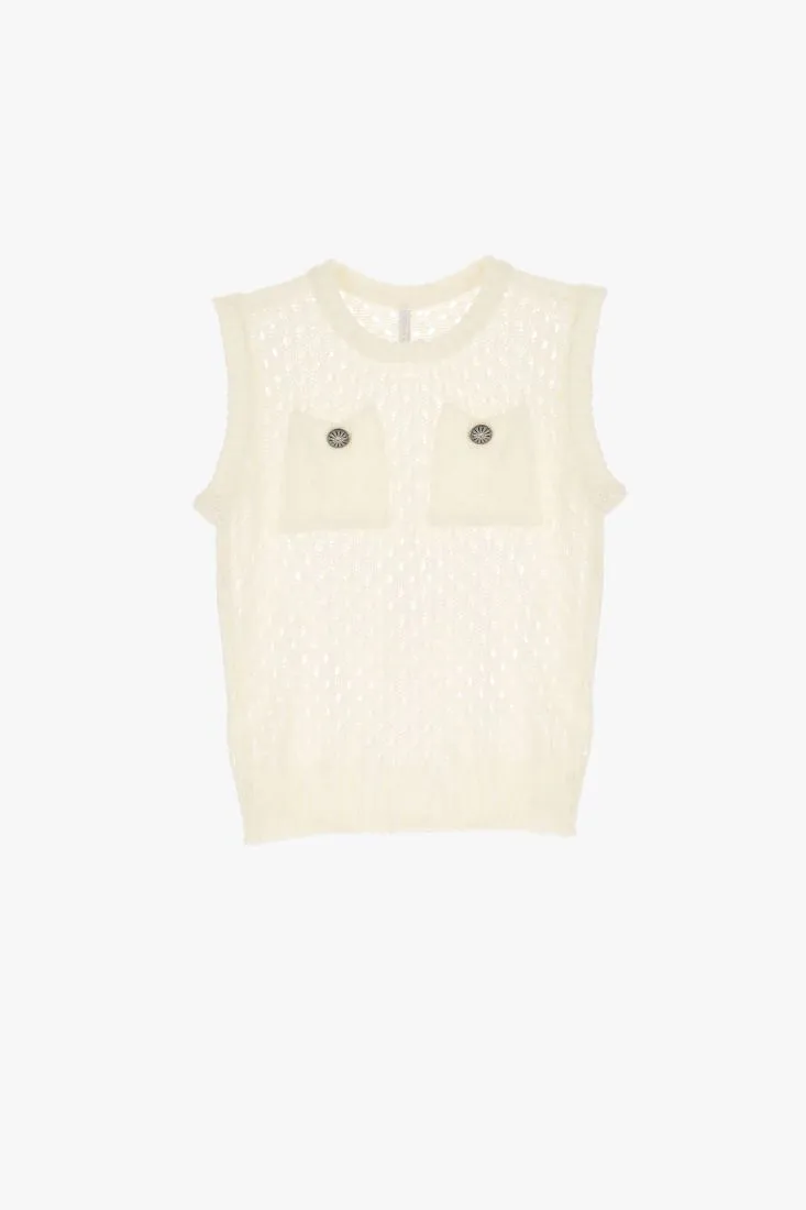 Gilet monocolour con taschini e lavorazione traforata