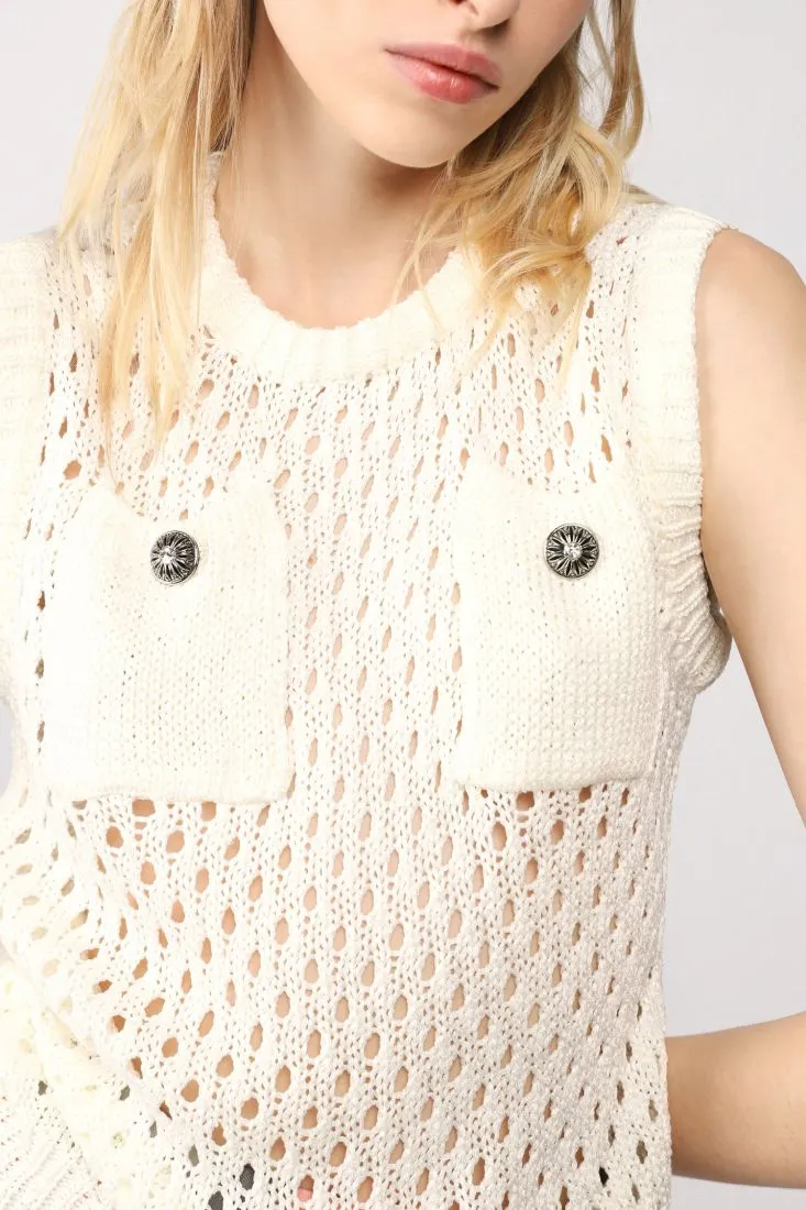 Gilet monocolour con taschini e lavorazione traforata